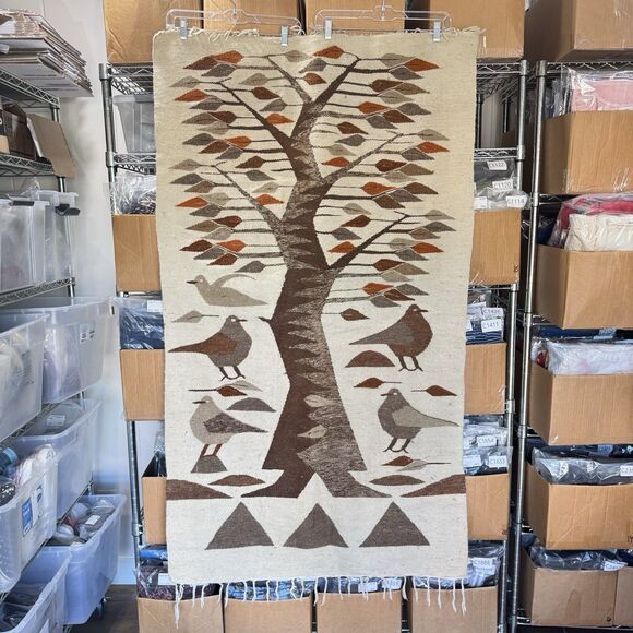 Tree of Life Kilim Birds Rug Wool Tapestry Art Woven Egyptian Pictorial MCM - Picture 3 of 11